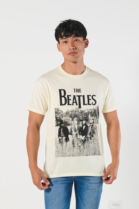 Camiseta cuello redondo crema con arte de The Beatles