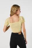 Blusa crop top unicolor con manga corta aglobada y recogido