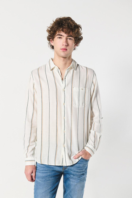 Camisa crema con cuello sport, manga larga y rayas