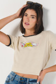 Camiseta para mujer con estampado en frente de Pinky & Cerebro manga corta, con  cuello y puños en rib en color contraste