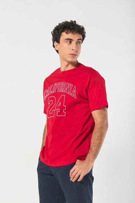 Camiseta college roja oscura en algodón con cuello redondo