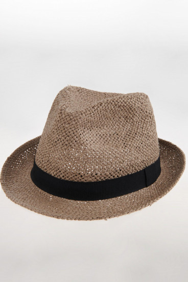 Sombrero tejido kaky oscuro con cinta negra decorativa