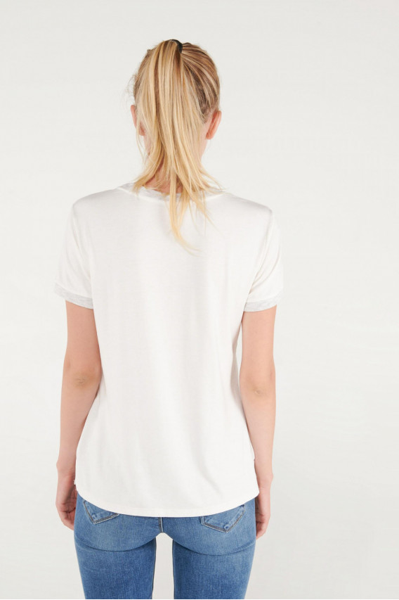 Camiseta estampada manga corta cuello y puños en contraste en lurex