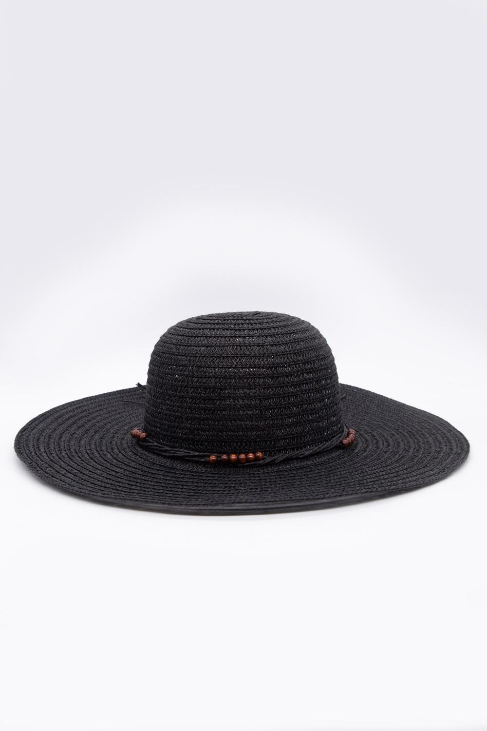 Sombrero tejido negro con ala ancha plana y cordón decorativo