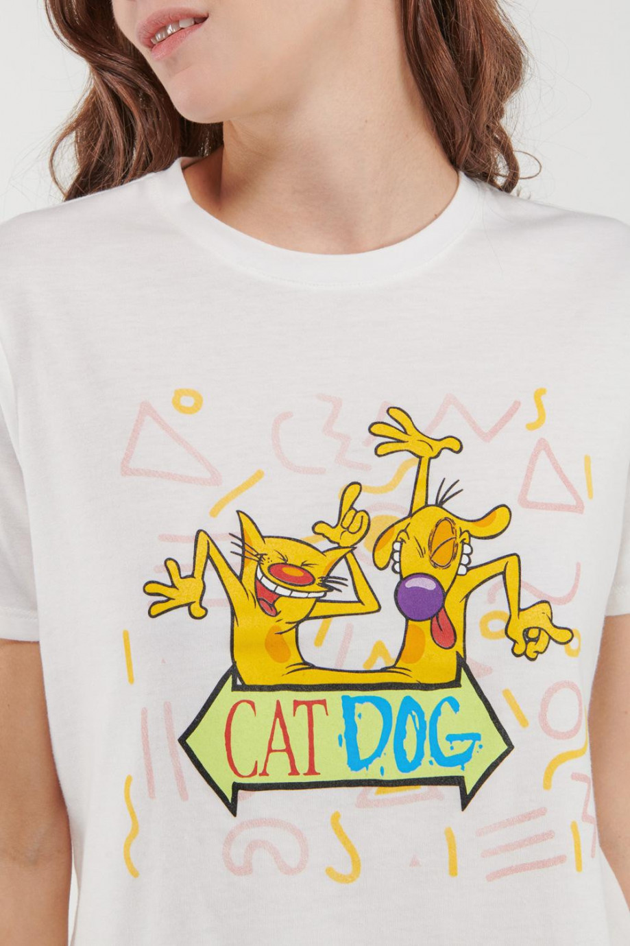 Camiseta crema claro manga corta con estampado de CatDog