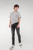 Jean súper skinny gris oscuro con rotos delanteros y desgastes de color