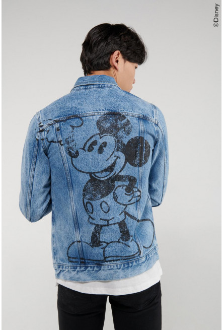 Chaqueta de jean azul medio con estampado en espalda de Mickey